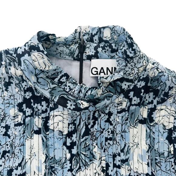 GANNI Elm Georgette Mini Dress Blue Floral Size 40 Long Sleeve Modest Viscose - Picture 7 of 13